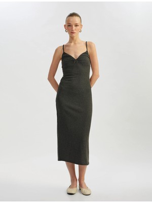 Koton Derin V Yaka Slim Fit Midi Boy Ince Askılı Kalem Elbise