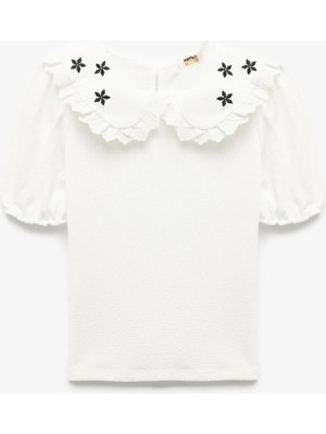 Koton Kısa Kollu Çiçek Işlemeli Bürümcük Bebe Yaka Bluz