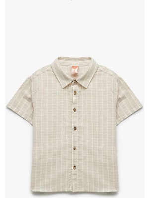 Koton Keten Karışımlı Kısa Kollu Pamuklu Çizgili Gömlek
