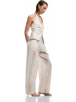 Koton Viskon Karışımlı Batik Desenli Cepli Yüksek Bel Düz Bol Paça Pantolon