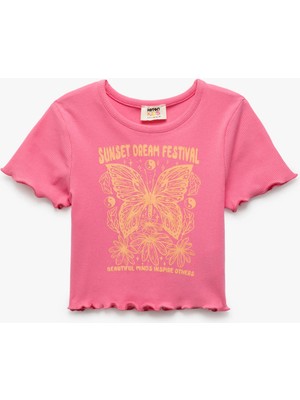 Koton Pamuklu Kısa Kollu Bisiklet Yaka Kelebek Baskılı Crop Tişört