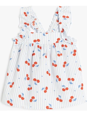 Koton Kare Yaka Fırfır Detaylı Kiraz Baskılı Pamuklu Bluz