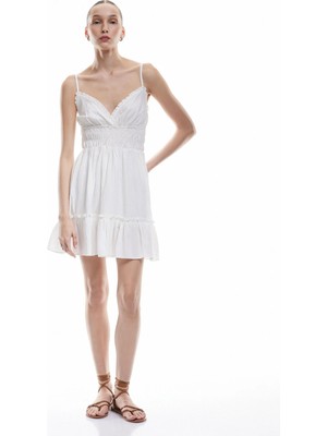 Koton Gipeli V Yaka Katlı Fırfırlı Ip Askılı Viskon Karışımlı Mini Elbise