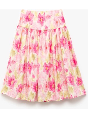 Koton Viskon Karışımlı Yüksek Bel Çiçekli Midi Etek