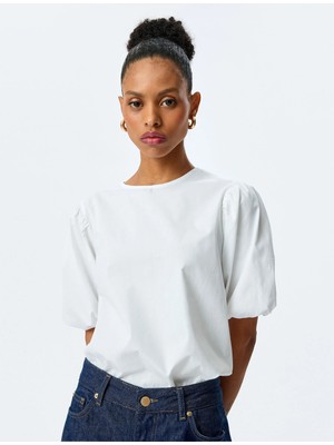 Koton Fiyonk Detaylı Poplin Pamuklu Bisiklet Yaka Balon Kollu Oversize Bluz