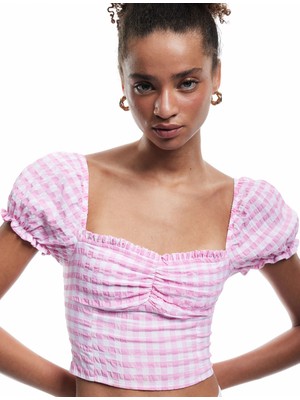 Koton Balon Kol Fırfırlı Yaka Gipeli Pötikareli Crop Bluz