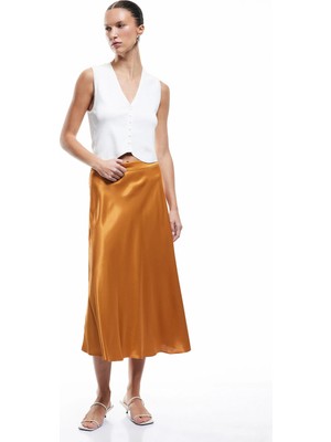 Koton Viskon Kumaş Yüksek Bel Midi A Kesim Saten Etek