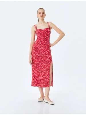 Koton Viskon Çift Askılı Sırt Detaylı Çiçekli Yırtmaçlı A Kesim Midi Elbise