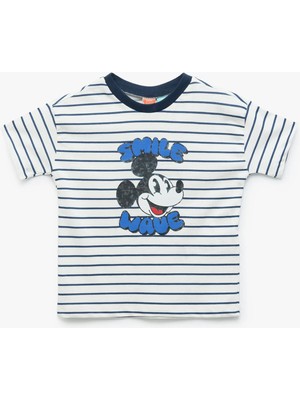 Koton Kısa Kollu Bisiklet Yaka Pamuklu Çizgili Lisanslı Mickey Mouse Tişört