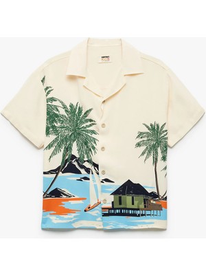 Koton Kısa Kollu Devrik Yaka Viskon Oversize Baskılı Gömlek