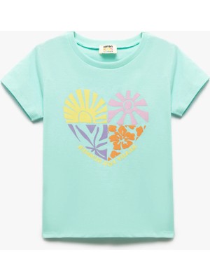 Koton Kız Çocuk Kısa Kollu Pamuklu Tişört Yaz Sezonu İçin Desenli Bisiklet Yaka