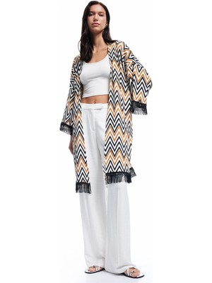 Koton Rahat Kalıp Püsküllü Geometrik Desenli Uzun Kimono