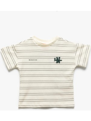 Koton Bisiklet Yaka Kısa Kollu Nakışlı Pamuklu Çizgili Tişört