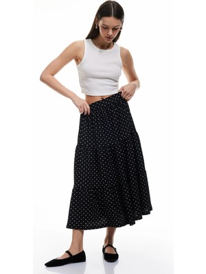 Koton Yüksek Bel Volanlı Katlı Puantiyeli Midi Etek