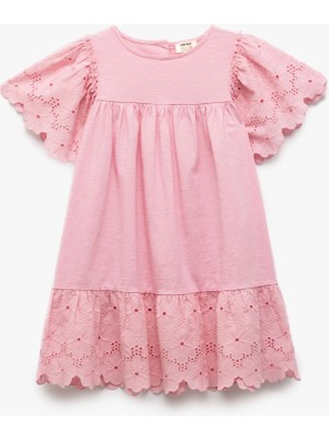 Koton Kısa Kollu Bisiklet Yaka Brodeli Pamuklu Elbise