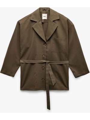 Koton Uzun Kollu Düğmeli Kemerli Cep Detaylı Keten Oversize Ceket