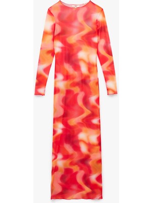 Koton Soyut Desenli Bisiklet Yaka Transparan Uzun Kollu Tül Plaj Elbisesi