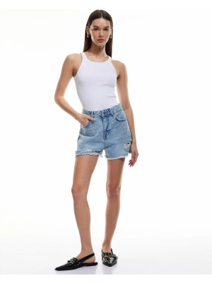 Koton Taşlı Yıpratılmış Düğmeli Cepli Mini Denim Şort