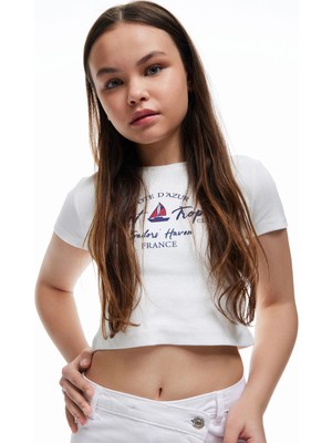 Koton Baskılı Pamuklu Bisiklet Yaka Kısa Kollu Crop Tişört