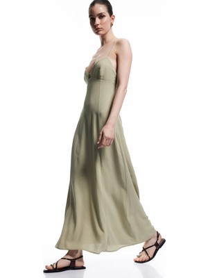 Koton Keten Karışımlı Çan Kesim Kalp Yaka Ince Askılı Uzun Elbise