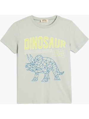 Koton Dinozor Baskılı Bisiklet Yaka Kısa Kollu Pamuklu Tişört