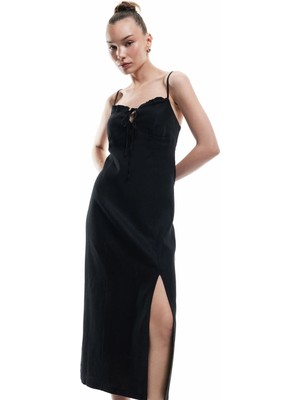 Koton Fırfırlı Yırtmaç Detaylı Volümlü Slim Fit Keten Viskon Karışımlı Askılı Midi Elbise