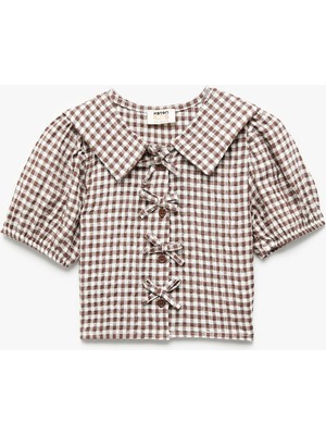 Koton Gömlek Yaka Balon Kollu Kurdele Detaylı Pötikare Bluz