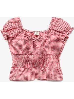 Koton Gipeli Kısa Kollu Kayık Yaka Fırfır Detaylı Pötikareli Crop Poplin Bluz