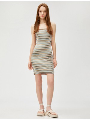 Koton Mini Elbise Ince Askılı Bodycon Fitilli - Koton - 3SAL80026IK - Yeşil Çizgili - S