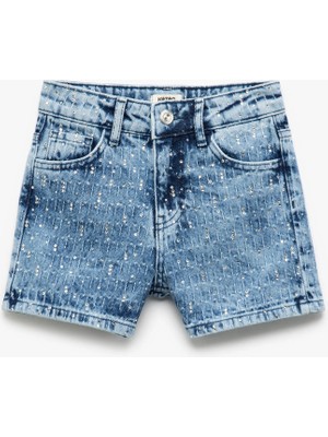 Koton Kız Çocuk Denim Şort Pamuklu Cepli Taş Detaylı Desenli Regular Fit Yazlık