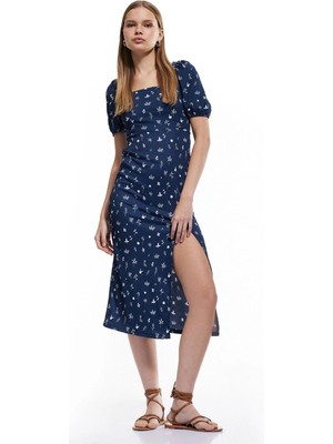 Koton Kısa Balon Kollu Sırtı Bağcıklı Bodycon Çiçekli Yırtmaçlı Midi Elbise Bürümcük