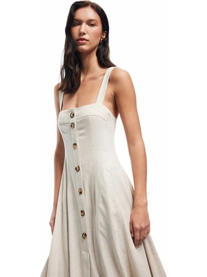 Koton Keten Karışımlı Düğmeli Uzun Kare Yaka Askılı Elbise