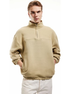 Koton Işlemeli Cep Detaylı Şardonlu Yarım Fermuarlı Oversize Sweatshirt