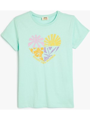 Koton Tişört Kısa Kollu Yuvarlak Yaka Kalp Baskı Detaylı Pamuklu