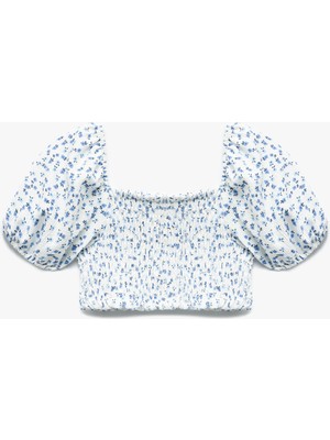 Koton Kare Yaka Balon Kollu Gipeli Çiçek Desenli Crop Bluz