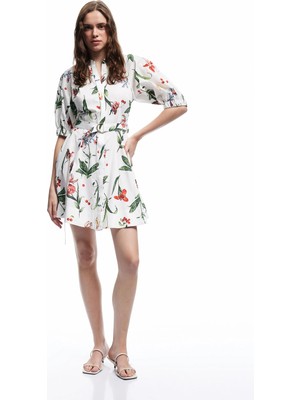 Koton Pamuklu Cepli Kemer Detaylı Kısa Balon Kollu Çiçekli Poplin Mini Elbise