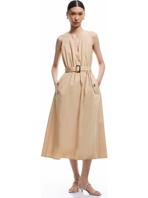 Koton Kemer Detaylı Cepli V Yaka Uzun Poplin Elbise