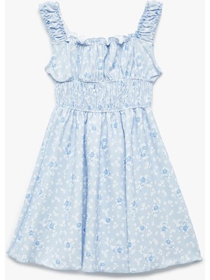 Koton Bürümcük Kumaş Dokulu A Kesim Diz Üstü Fırfırlı Askılı Çiçekli Elbise