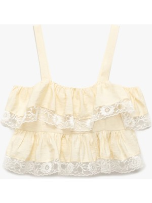 Koton Viskon Kumaş Bol Kalıp Kare Yaka Askılı Crop Fırfırlı Dantelli Bluz