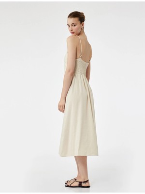 Koton Ince Askılı Düğmeli Keten ve Viskon Karışımlı Midi Elbise