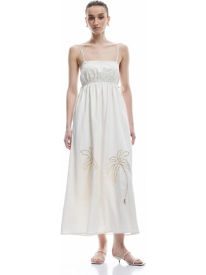 Koton Astarlı Nakış Detaylı Viskon Keten Karışımlı Ince Askılı Elbise