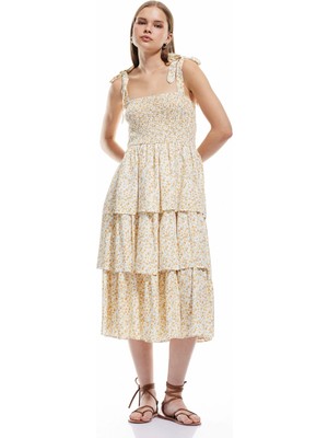 Koton Fiyonklu Askılı Katlı Gipeli U Yaka Çiçekli Viskon Midi Elbise