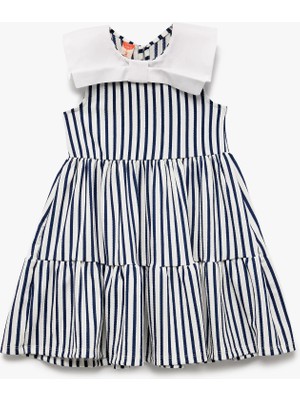 Koton Bebe Yaka Pamuklu Bürümcük Katmanlı Kolsuz Fiyonklu Çizgili Elbise