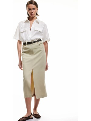 Koton Pamuklu Önden Yırtmaç Detaylı Cepli Midi Kalem Etek