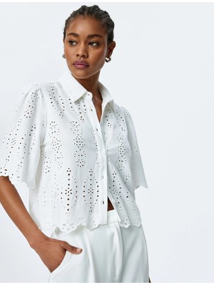 Koton Viskon Pamuk Kumaş Kısa Kollu Crop Fistolu Gömlek