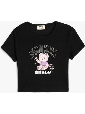 Koton Ayıcık Baskılı Bisiklet Yaka Kısa Kollu Pamuklu Crop Tişört