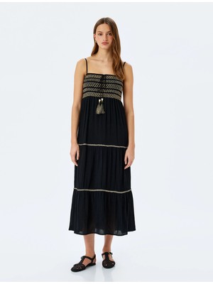 Koton Kroşe Detaylı Ince Askılı Viskon Uzun Elbise