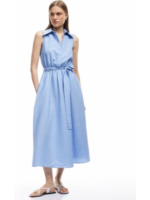 Koton Bol Kalıp Düğmeli Kuşak Detaylı Kolsuz Uzun Gömlek Elbise