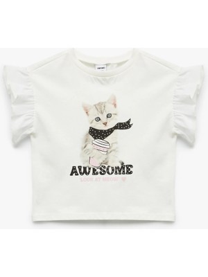 Koton Kedi Baskılı Fırfırlı Kısa Kollu Bisiklet Yaka Pamuklu Tişört
