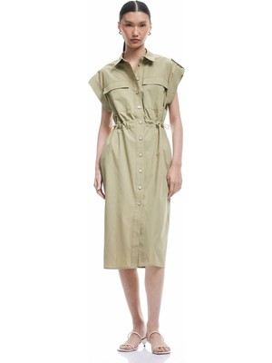 Koton Pamuklu Düğmeli Cepli Apolet Detaylı Midi Boy Gömlek Elbise